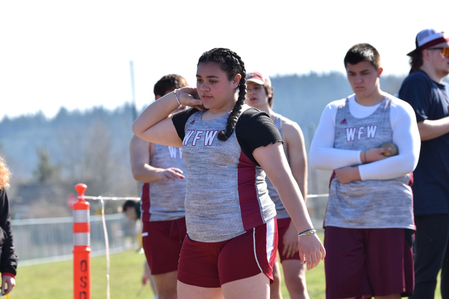 Noelani Hafoka gets set for an attempt at the shot put at the Cardinal Relays in Orting on March 18.